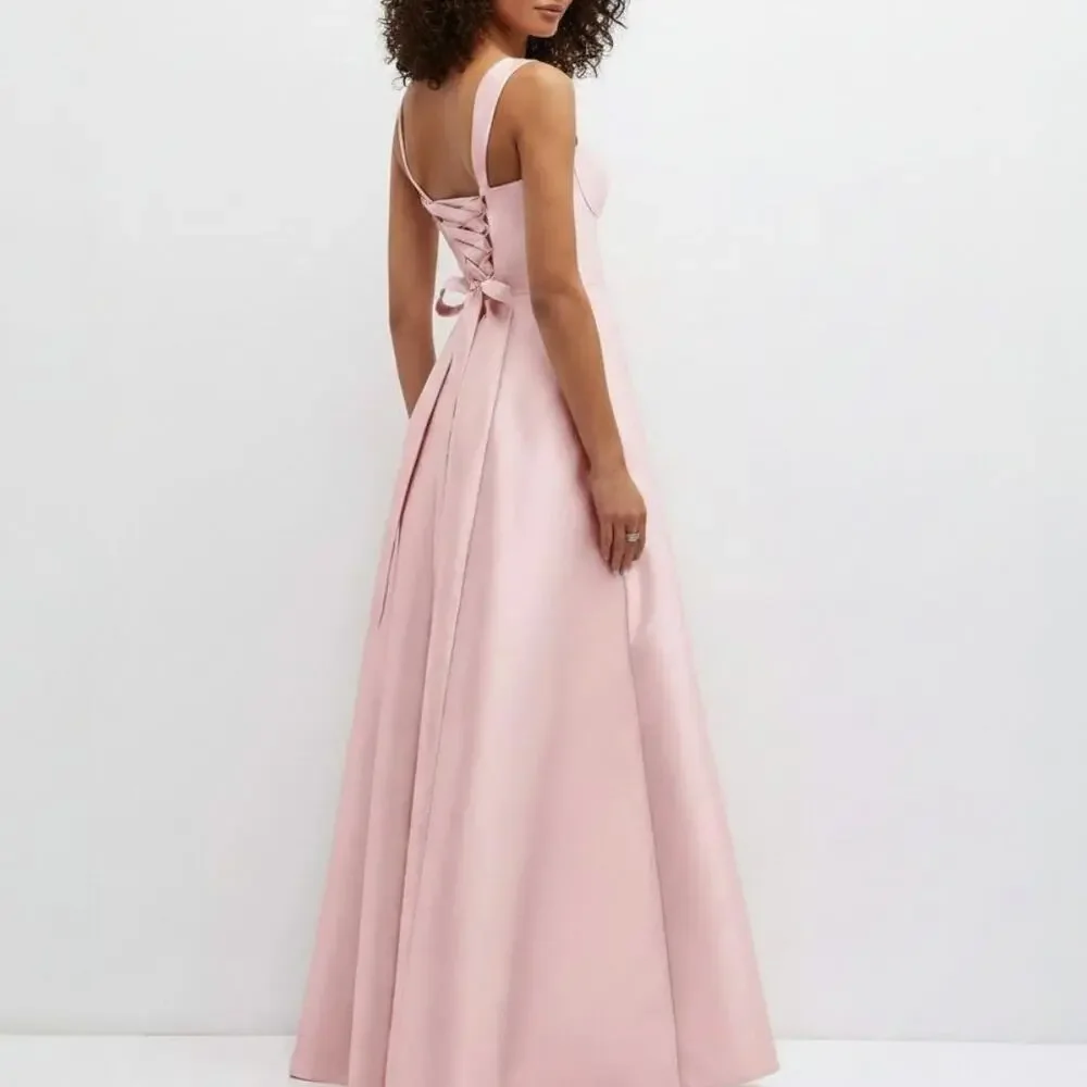 Alfred Sung Pink Bustier Lace Up Back Pocketed Satin Gown Women's Size 12R NWOTF - Picture 2 of 16